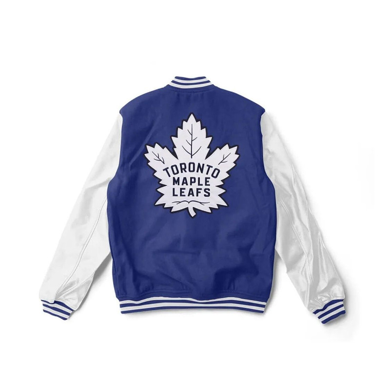 Blue and White Letterman Jacket Maple Leafs with Team Patches and Wool Leather Combo