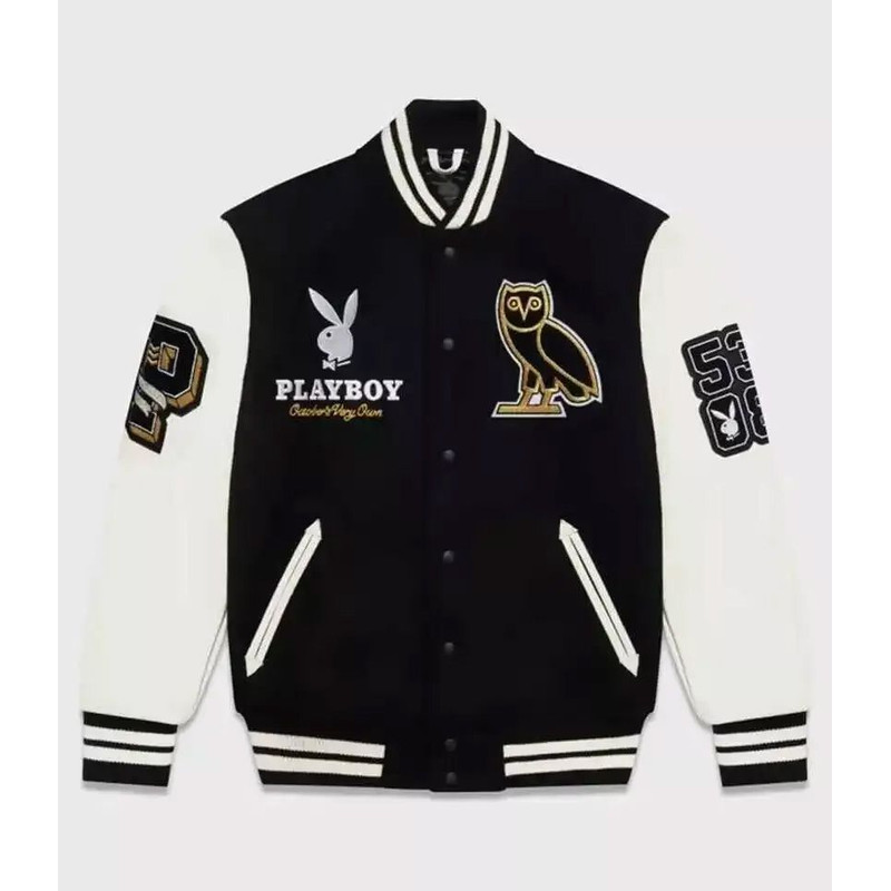 OVOX Playboy Owl Varsity Jacket with black wool body and white leather sleeves streetwear style