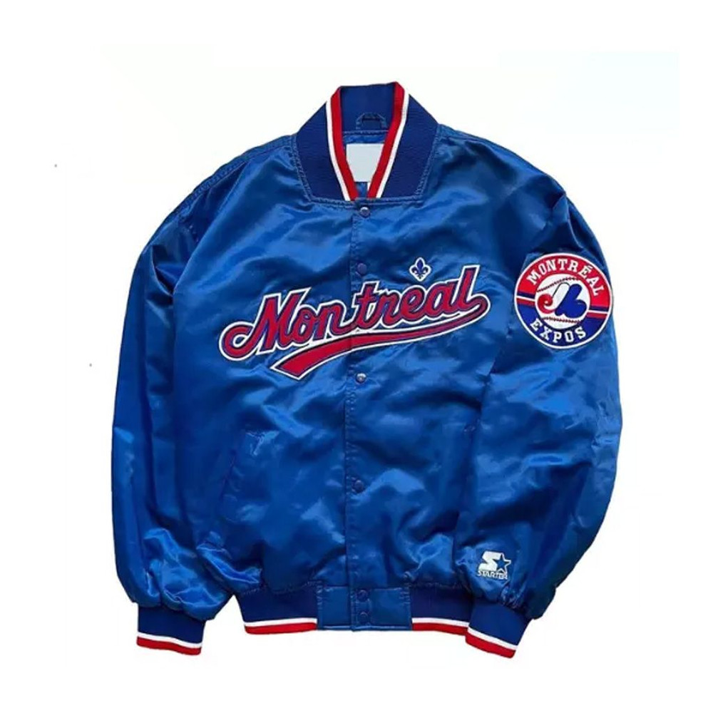 Mens Montreal Expos 90s bomber fullsnap varsity satin jacket NBA baseball team logo premium style