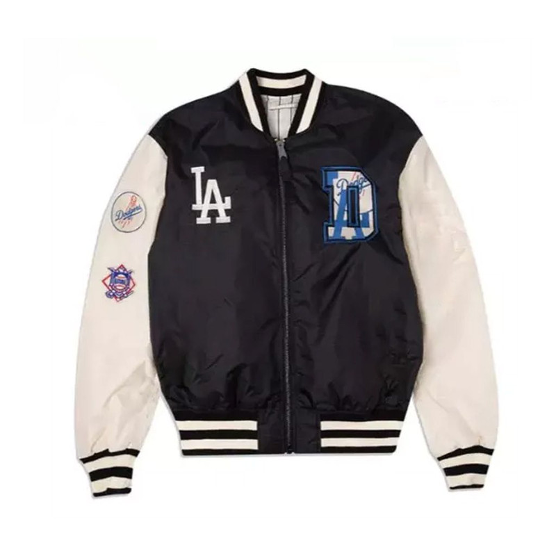 LA Dodgers black satin varsity jacket with World Series Champions embroidery college bomber style