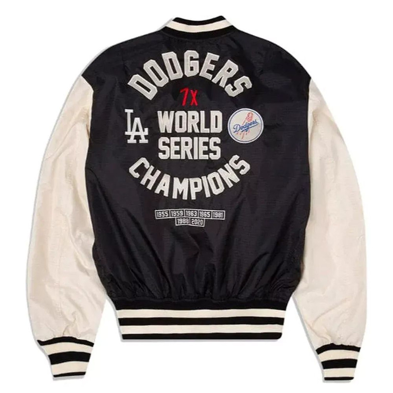 Los Angeles Dodgers letterman jacket in black and white satin classic unisex varsity bomber