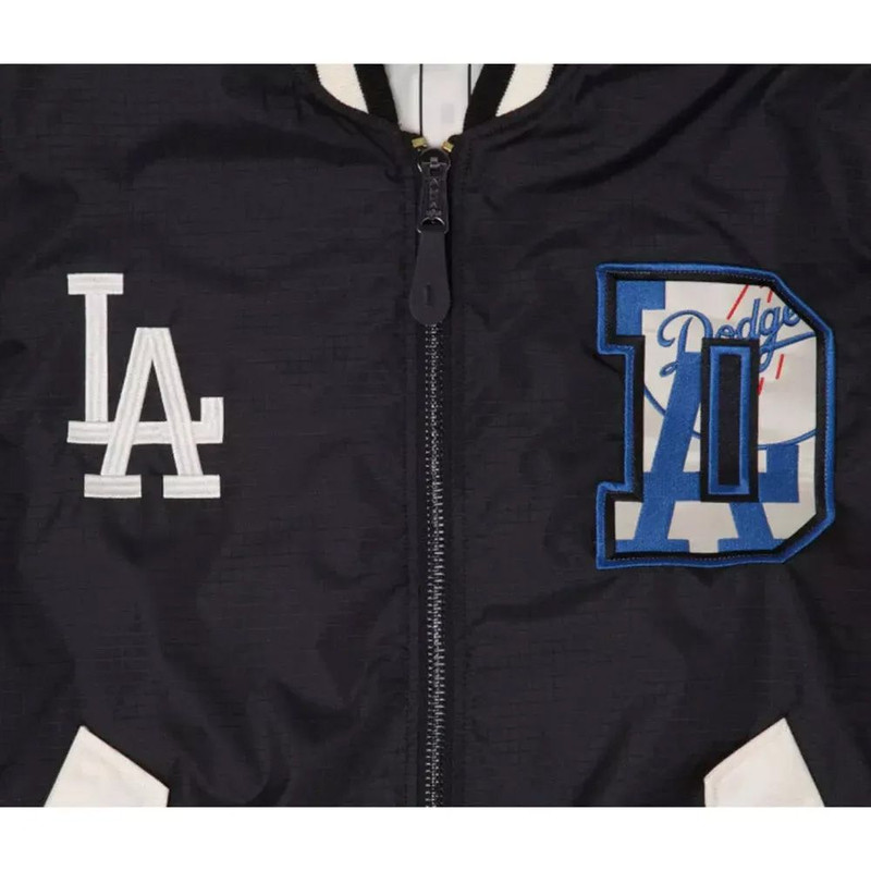 Championship Dodgers satin jacket black varsity letterman style with stitched team logo details