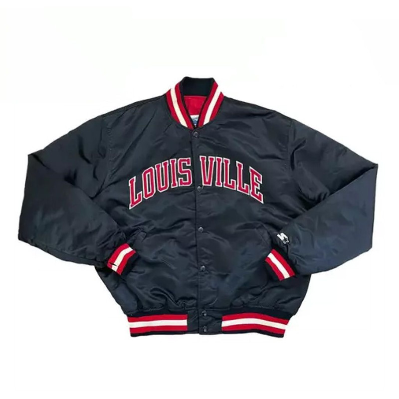 University of Louisville Cardinals black satin varsity jacket 80s vintage style for college fans
