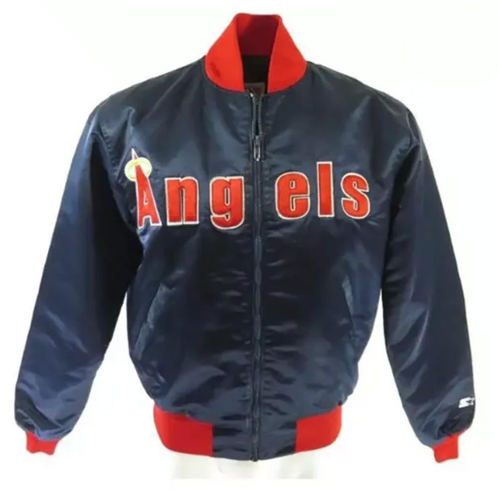 80s California Anaheim Angels bomber blue satin jacket with ribbed cuffs and YKK zipper for fans