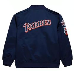 mens navy san diego padres vintage logo satin jacket varsity bomber college letterman baseball fan apparel coat