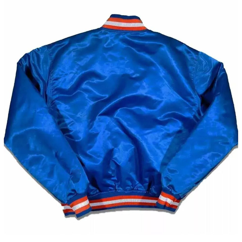 Classic New York inspired varsity jacket made of smooth blue satin with ribbed collar and hem