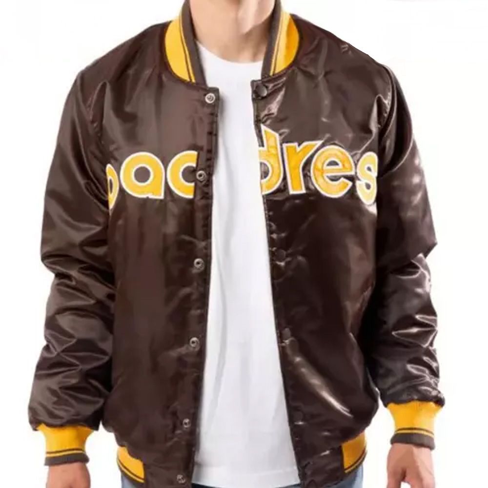 Brown satin San Diego Padres vintage varsity bomber jacket with fullsnap front and embroidered logo