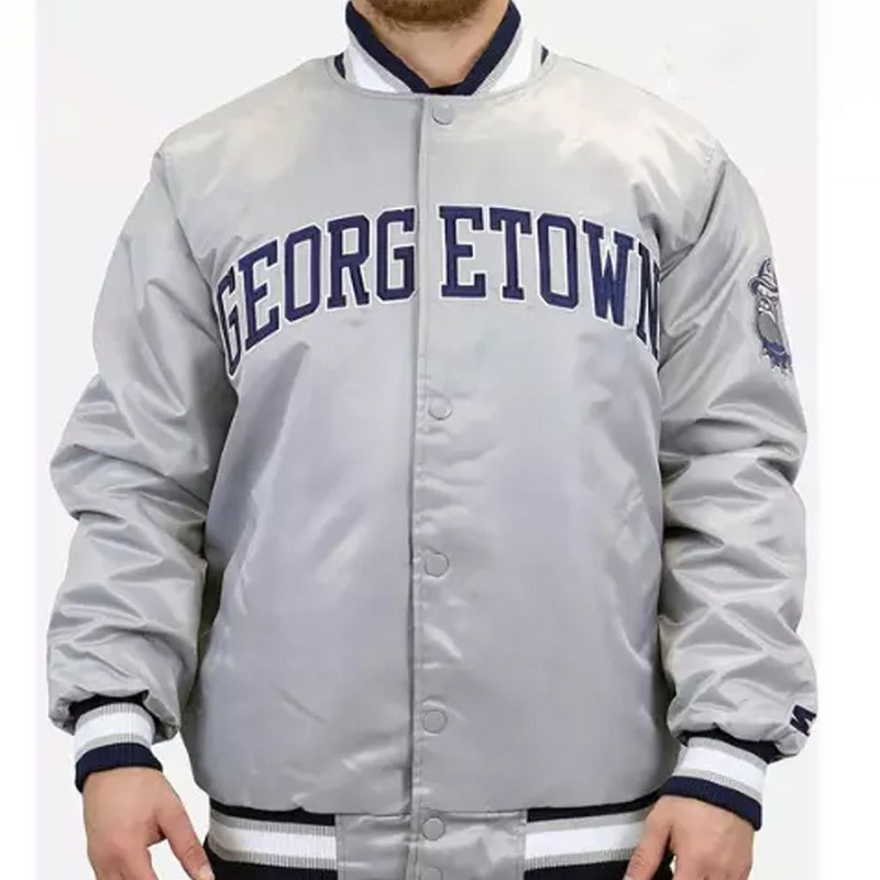 Mens Villa Georgetown Hoyas gray satin varsity bomber jacket classic college team jacket