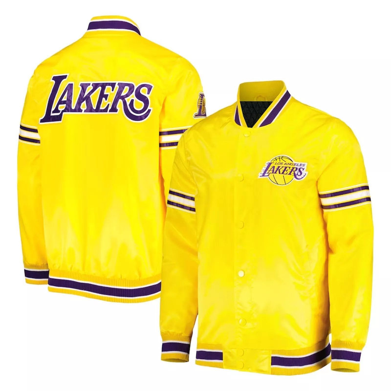 Kobe Bryant Lakers yellow satin varsity jacket with embroidered NBA graphics