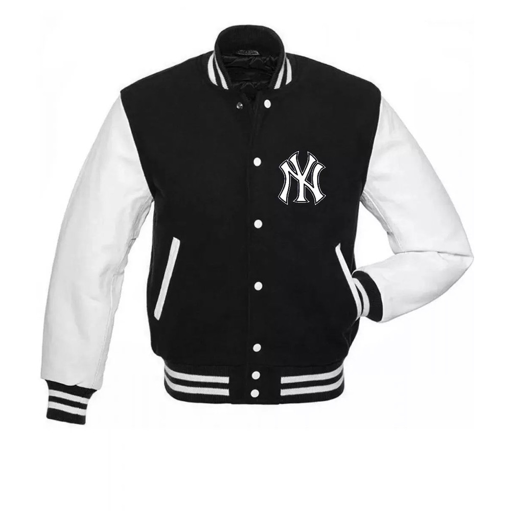 Mens NY Yankees varsity jacket black wool with leather sleeves and quilted lining