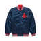 Boston Red Sox navy blue satin bomber jacket for men with full snap front and 80s retro letterman st