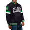 Mens Boston Celtics NBA varsity jacket in black satin with ribbed cuffs and waistband