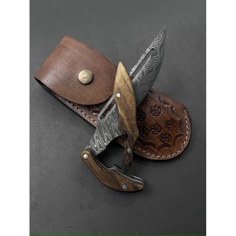 Custom Damascus Blade Folding Pocket Knive Leather Case Hunting Gift 0