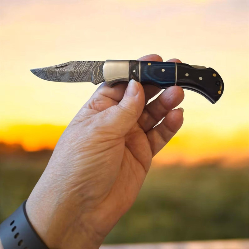 Handmade Damascus Steel Folding Knife Blue Black Handle Leather Sheath Pocket Knife EDC Camping Gi 1