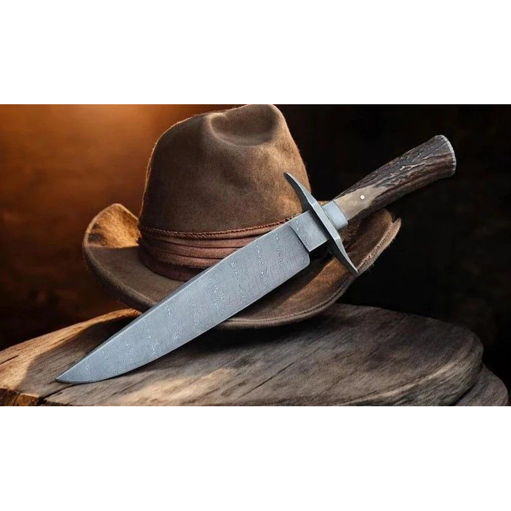 Bowie Knife Handmade Damascus Steel Antler Handle Best Handmade Bowie Knife With Leather Sheath 2
