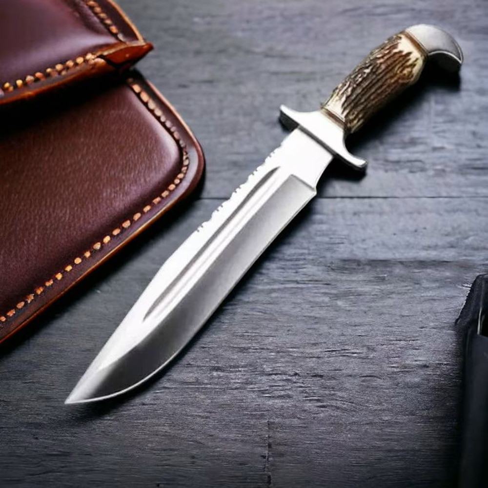 Handmade Bowie Knife Path Finder 440C Stainless Steel Razor Sharp Blade Real Stag Horn Handle 0