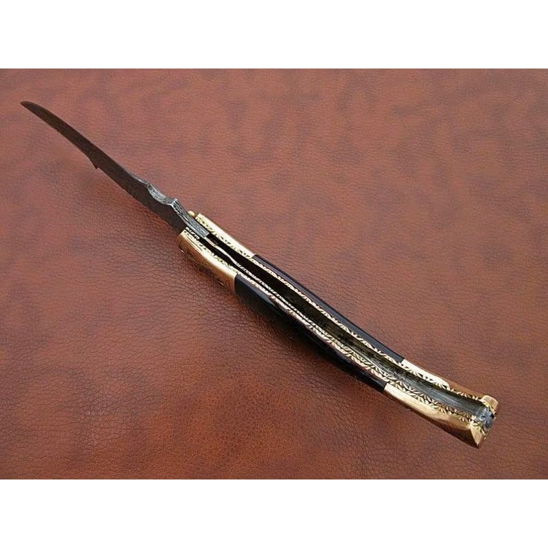 Handmade Damascus Steel Pocket Folding Knife Ram Horn Handle 2