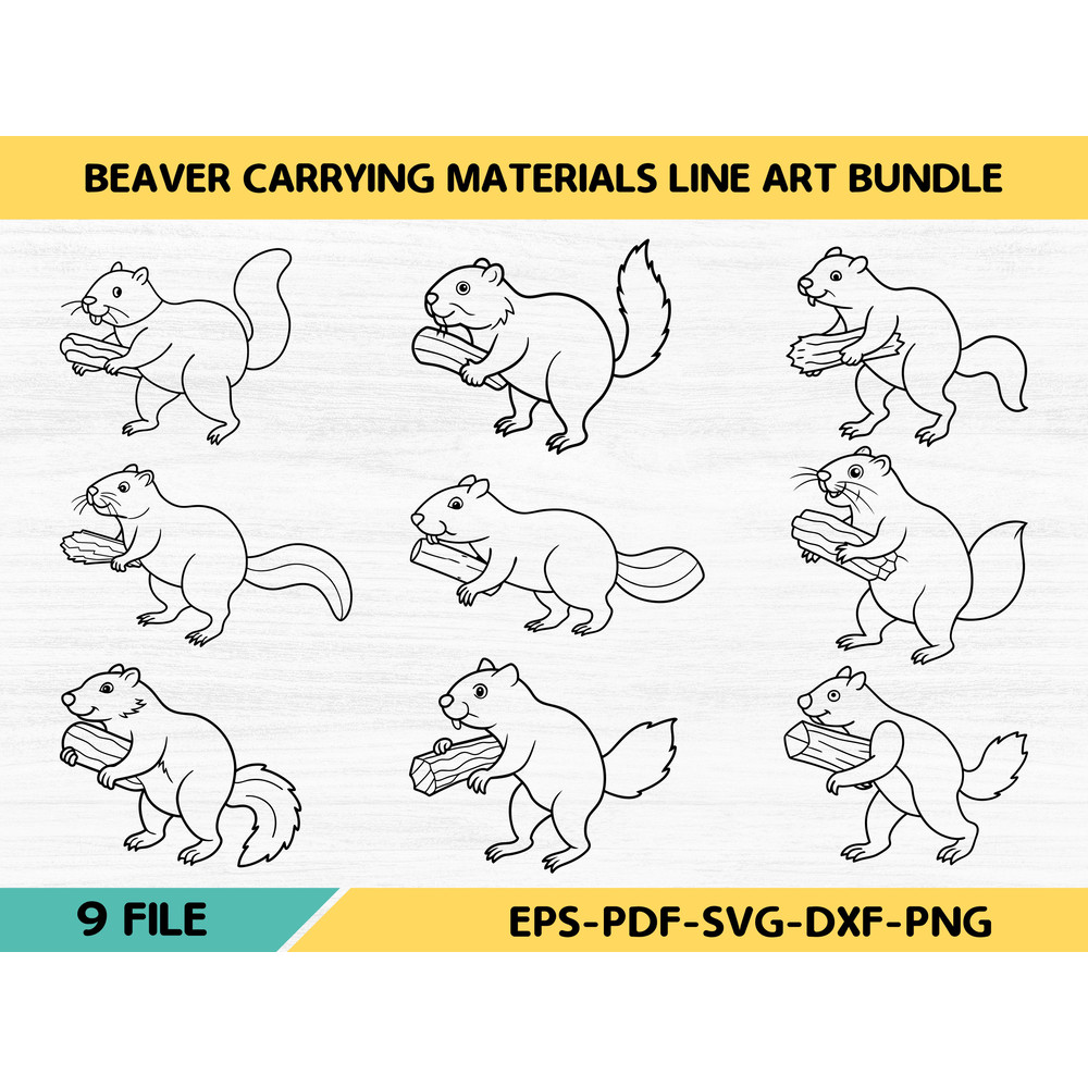Beaver Carrying Materials Line Art Bundle 0