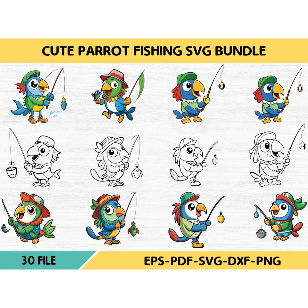 Cute Parrot Fishing Svg Bundle 0