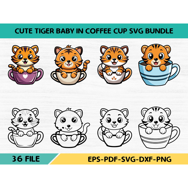 Cute Tiger Baby In Coffee Cup Svg Bundle 0