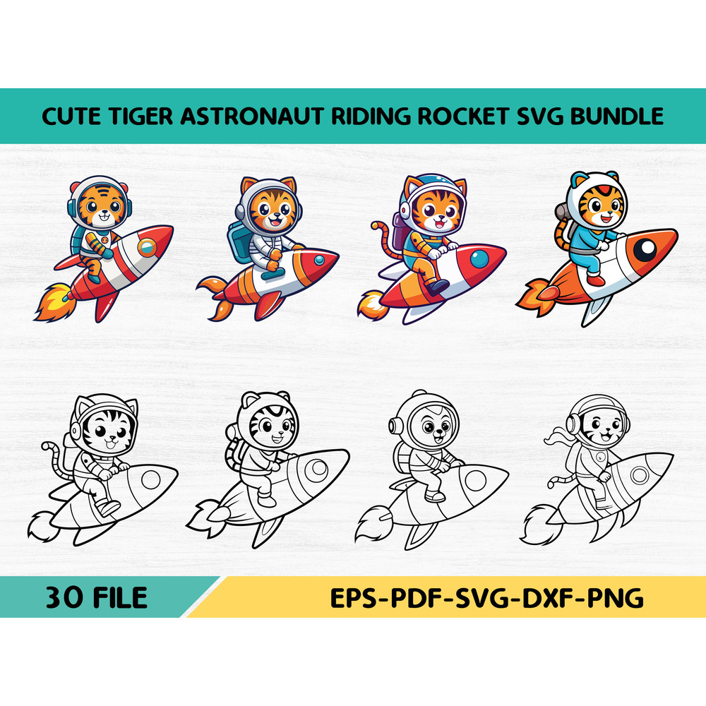 Cute Tiger Astronaut Riding Rocket Svg Bundle 0
