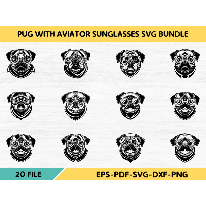Pug With Aviator Sunglasses SVG Bundle 0