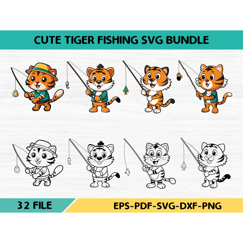 Cute Tiger Fishing Svg Bundle 0