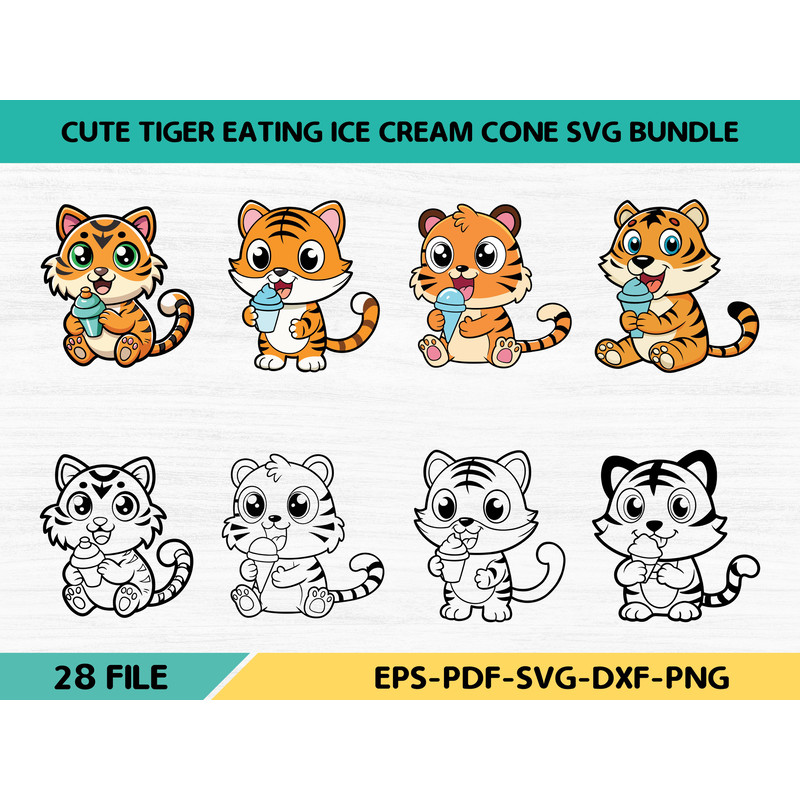 Cute Tiger Eating Ice Cream Cone Svg Bundle 0