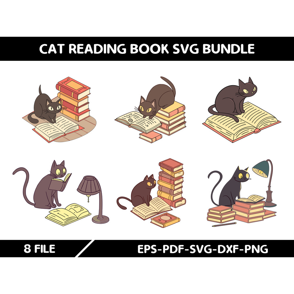 Cat Reading Book Svg Bundle 0