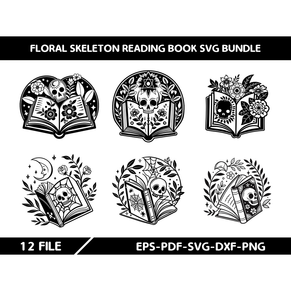 Floral Skeleton Reading Book Svg Bundle 0