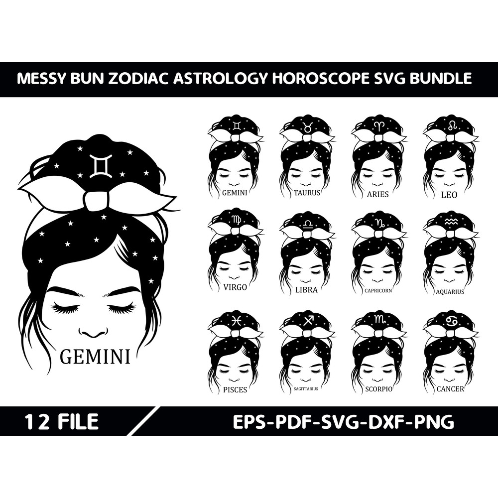 Messy Bun Zodiac Astrology Horoscope Svg Bundle 0