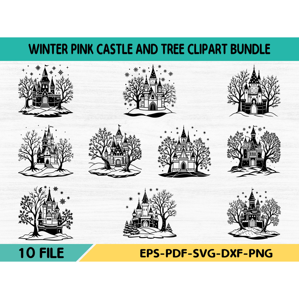 Winter Pink Castle And Tree Clipart Bundle 0