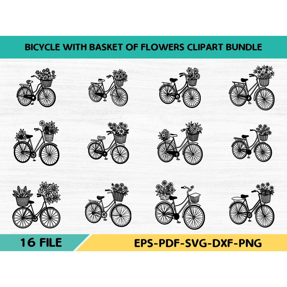 Bicycle With Basket Of Flowers Clipart Bundle 0