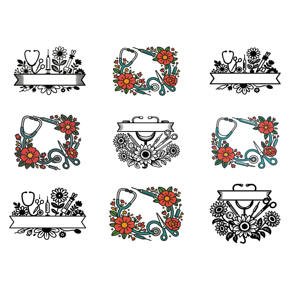 Nurse Floral Frame Svg Bundle 0