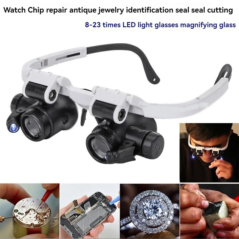Magnifying Glass Headband, Jeweler Watchmaker Loupes, LED Light Eyewear, Telescopic Glasses, Reading Magnifier