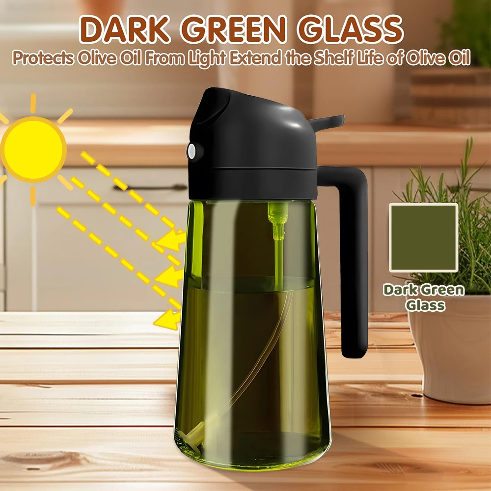 470ML Light-Blocking Dark Oil Sprayer for Cooking, 2-in-1 Olive Oil Dispenser & Mister Bottle in Dark Green Glass
