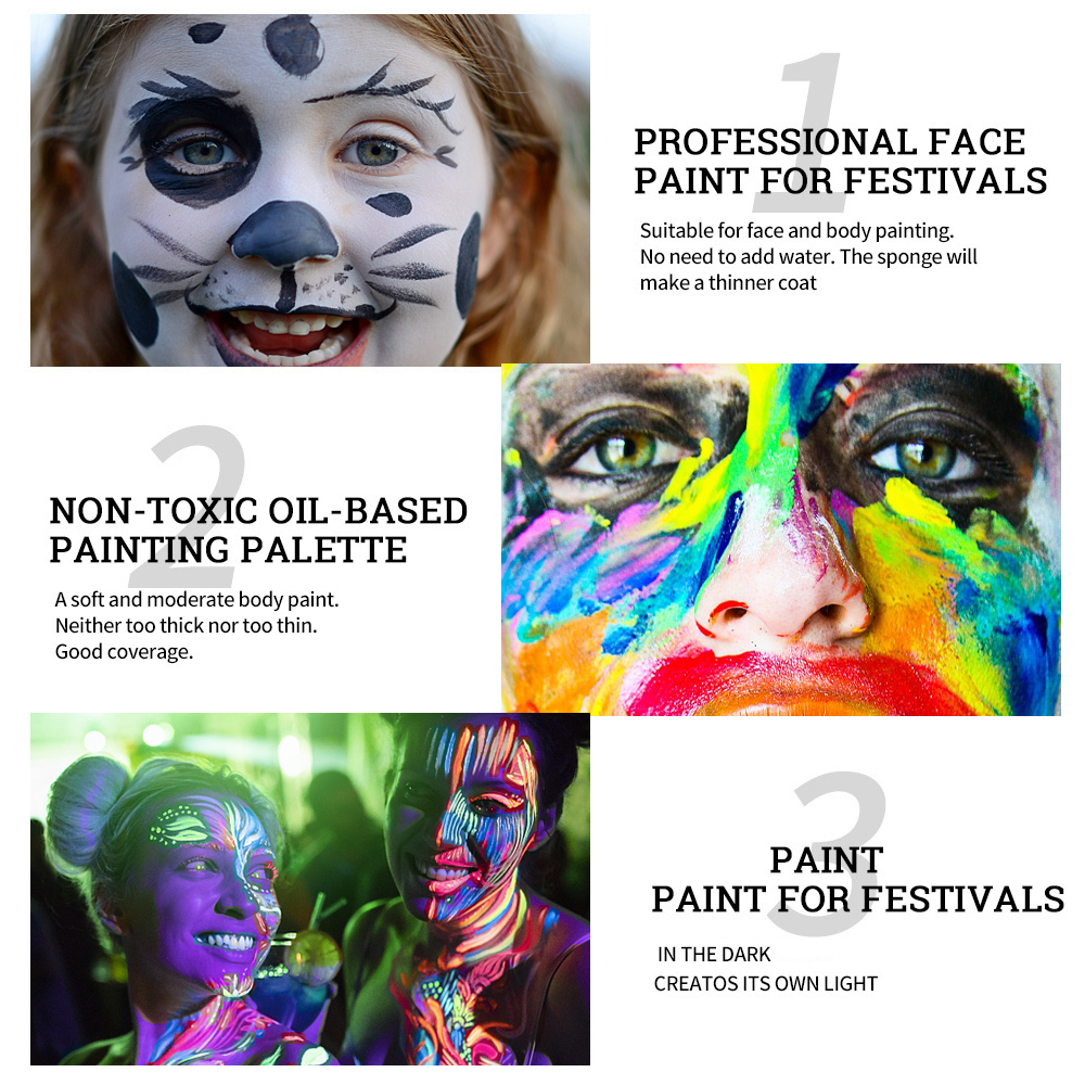 Fluorescent Body Painting Pigments 6 Colors Safe Non Toxic Glow Paint For Face Body Halloween Party 3
