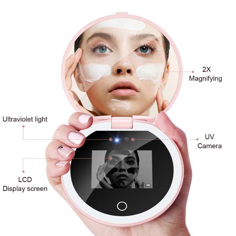Smart UV Sunscreen Detection Mirror with LED Lights, Portable Rechargeable Makeup Mirror for Flawless Application