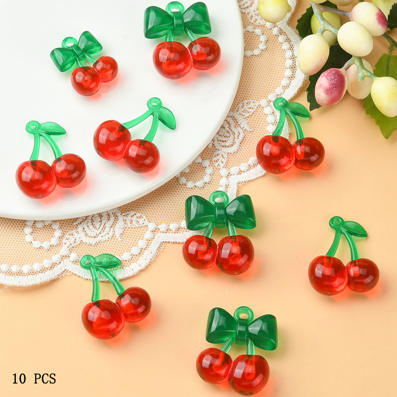 10Pcs 2 Styles Transparent Acrylic Red Cherry Pendants for Women, DIY Jewelry Making Accessories for Bracelet & Necklace