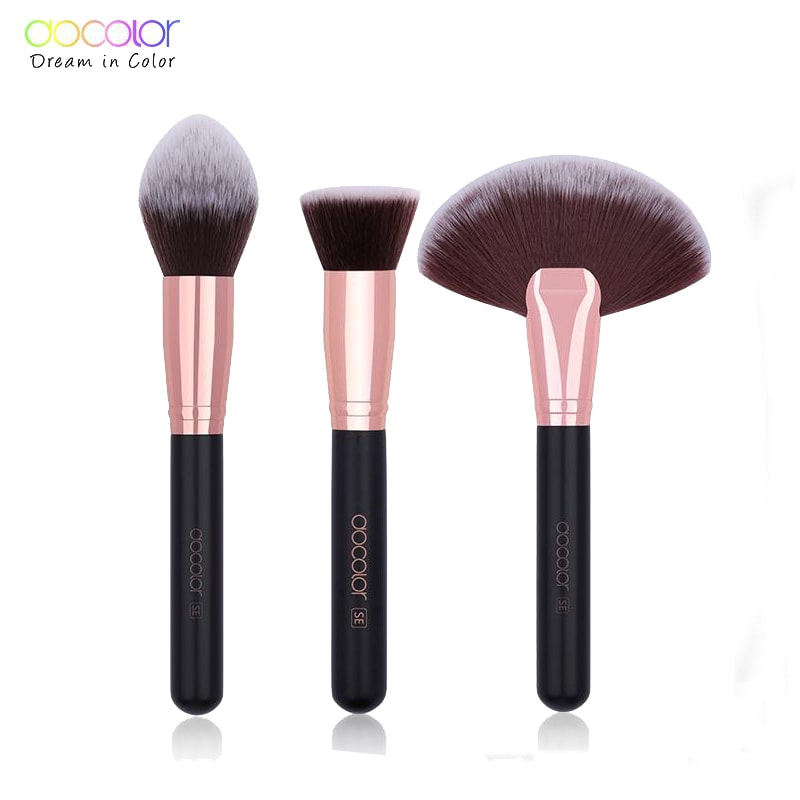 Docolor 3-Piece Makeup Brush Set, Fundation Brush, Flat Top Kabuki & Fan Brush for Contour, Powder, Highlighter, Blush
