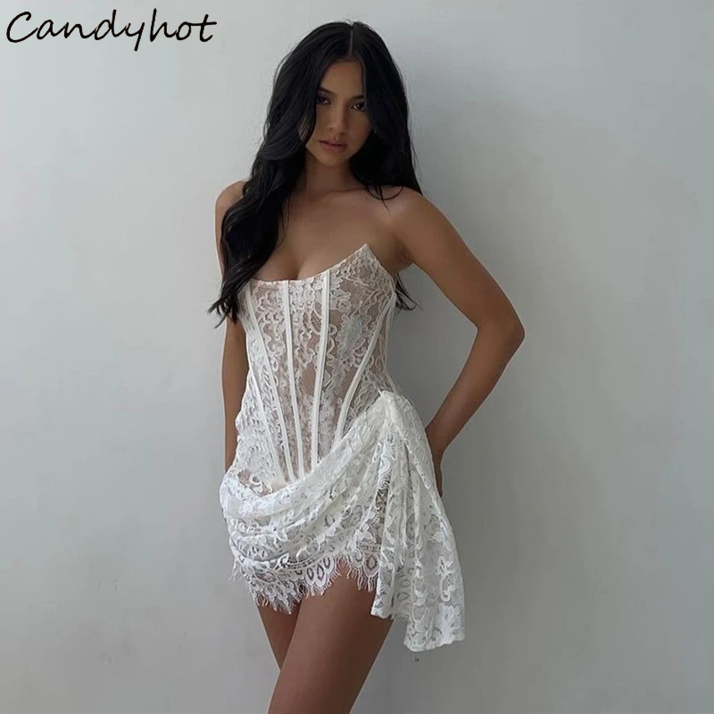 Candyhot Elegant Lace Strapless Dress Sexy SeeThrough Bandage Mini Dress For Women Summer Slim Stre 0