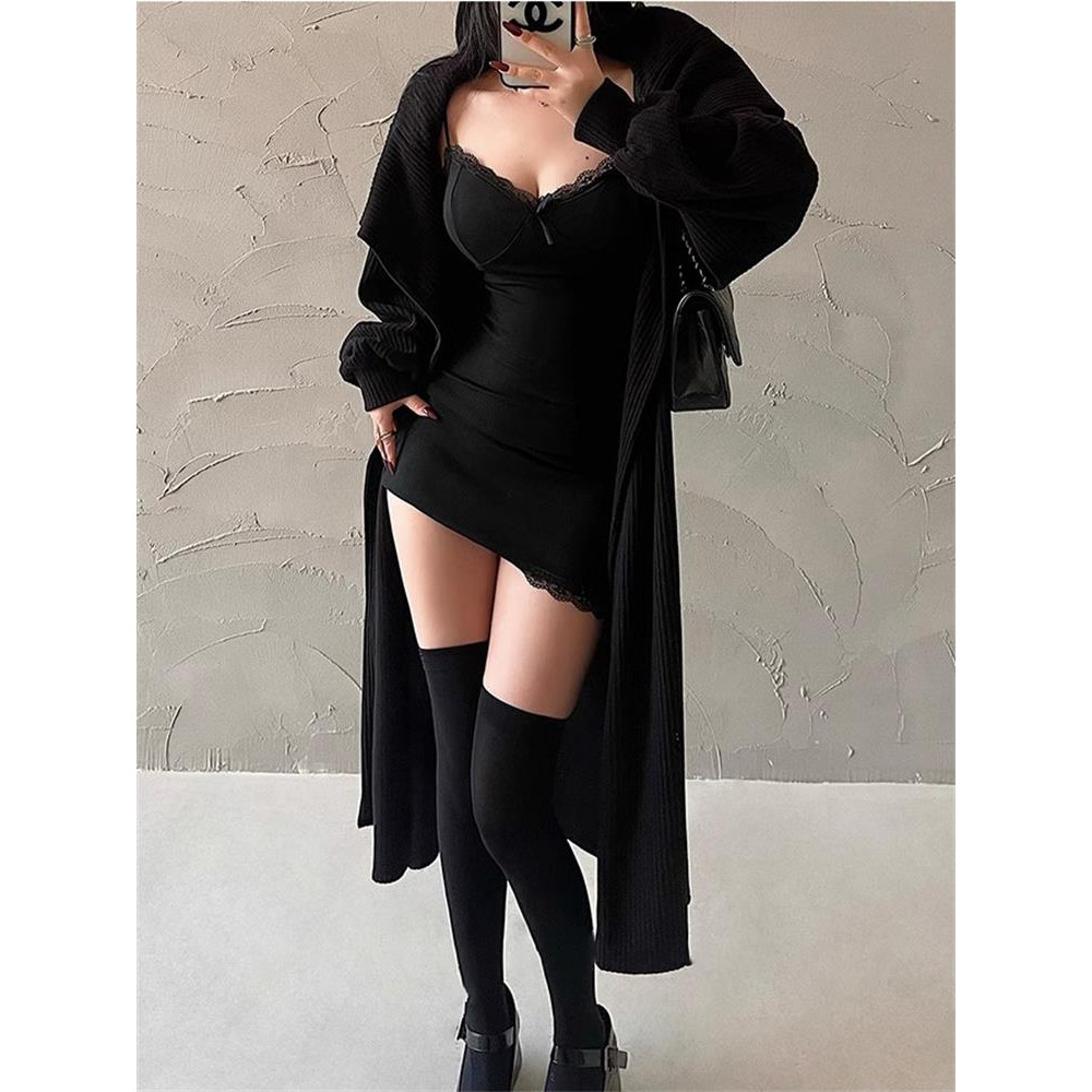 Y2K Retro Lace Patchwork Spaghetti Strap Black Bodycon Dress with Bow, Mini Club Party Sexy Dresses for Women