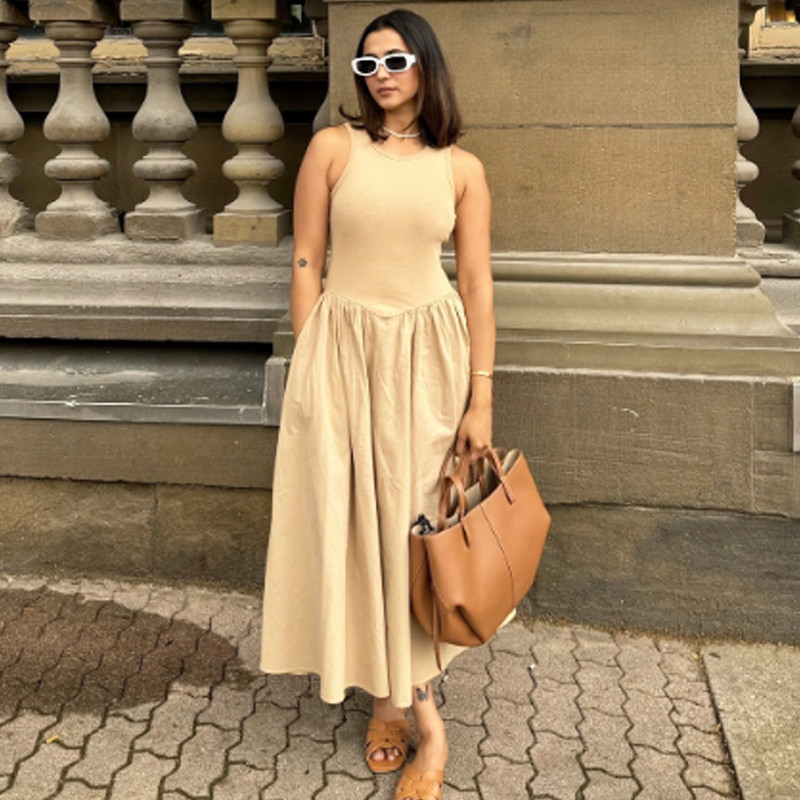 HXAO Khaki Elegant Long Dresses 2025 Womens Spring Sleeveless Black Dress For Fashion Casual Party  4
