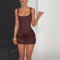 Women's Coffee Pleated Sling Dress, Sleeveless U-Neck Evening Mini Dress with High Waist for Party, Highstreet Fashion