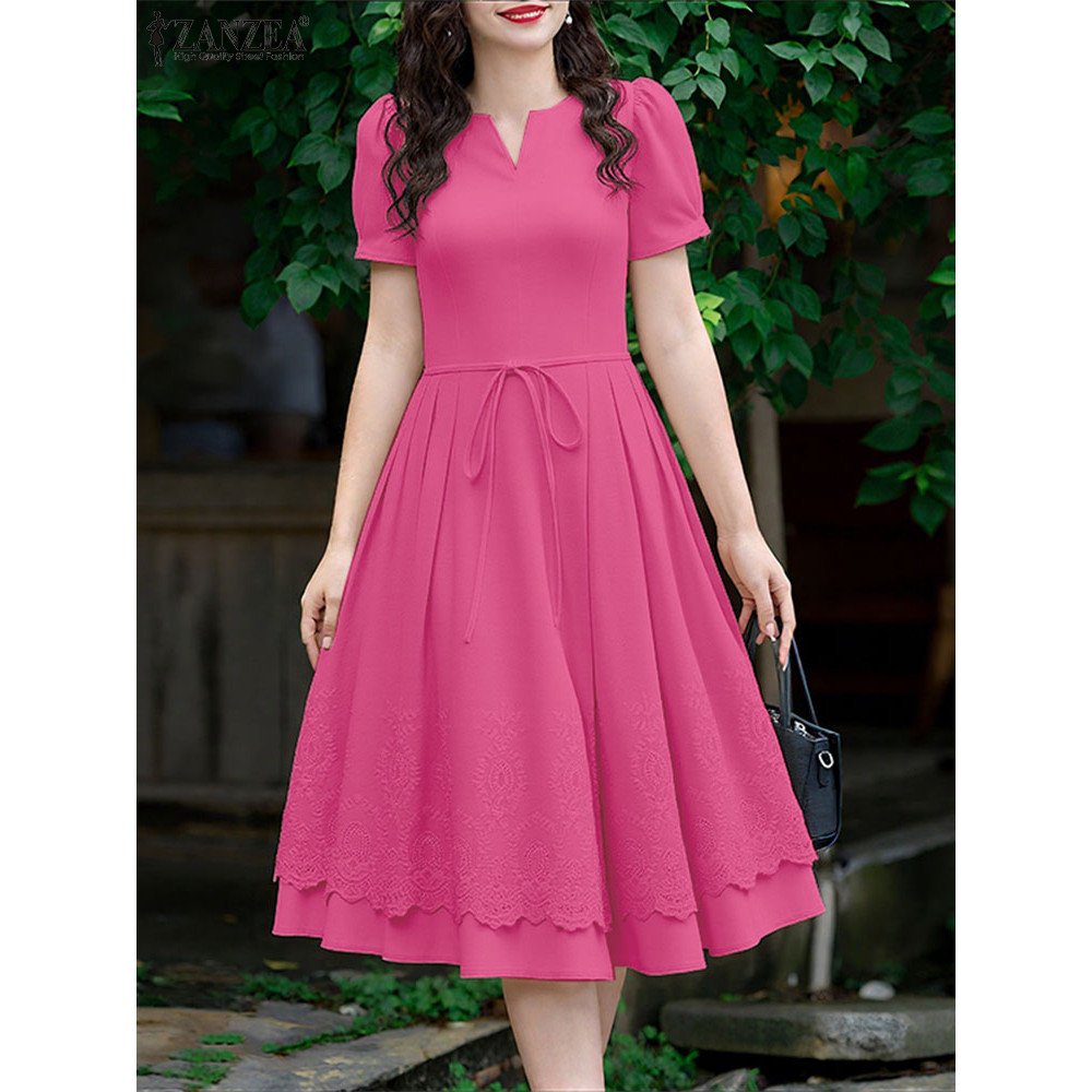ZANZEA Womens Summer Dress 2025, Short Puff Sleeve Lace Patchwork Midi Sundress with Bandage, Pleated Detail