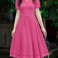 zanzea womens summer dress 2025, short puff sleeve lace patchwork midi sundress with bandage, pleated detail