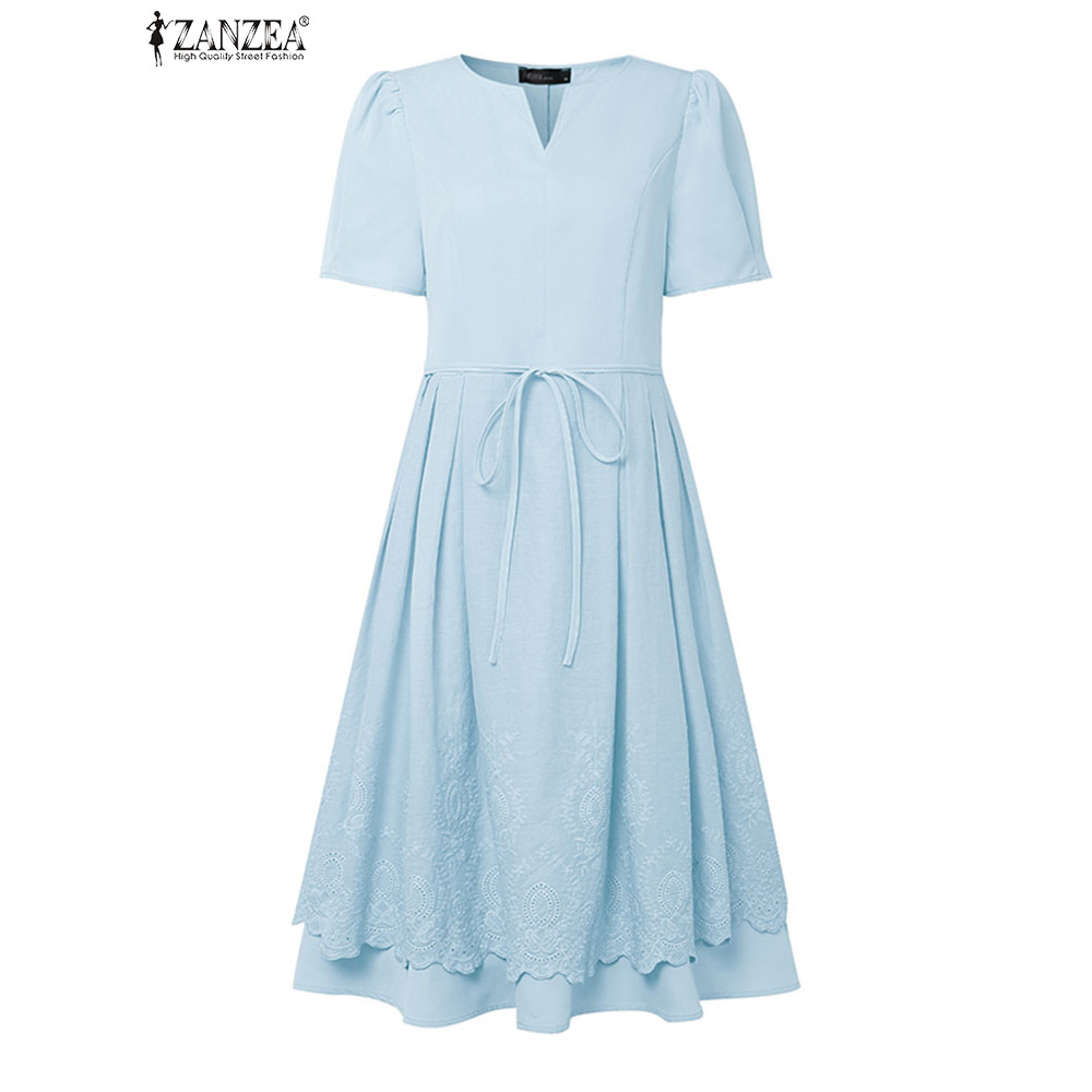 ZANZEA Womens Summer Dress 2025, Short Puff Sleeve Lace Patchwork Midi Sundress with Bandage, Pleated Detail