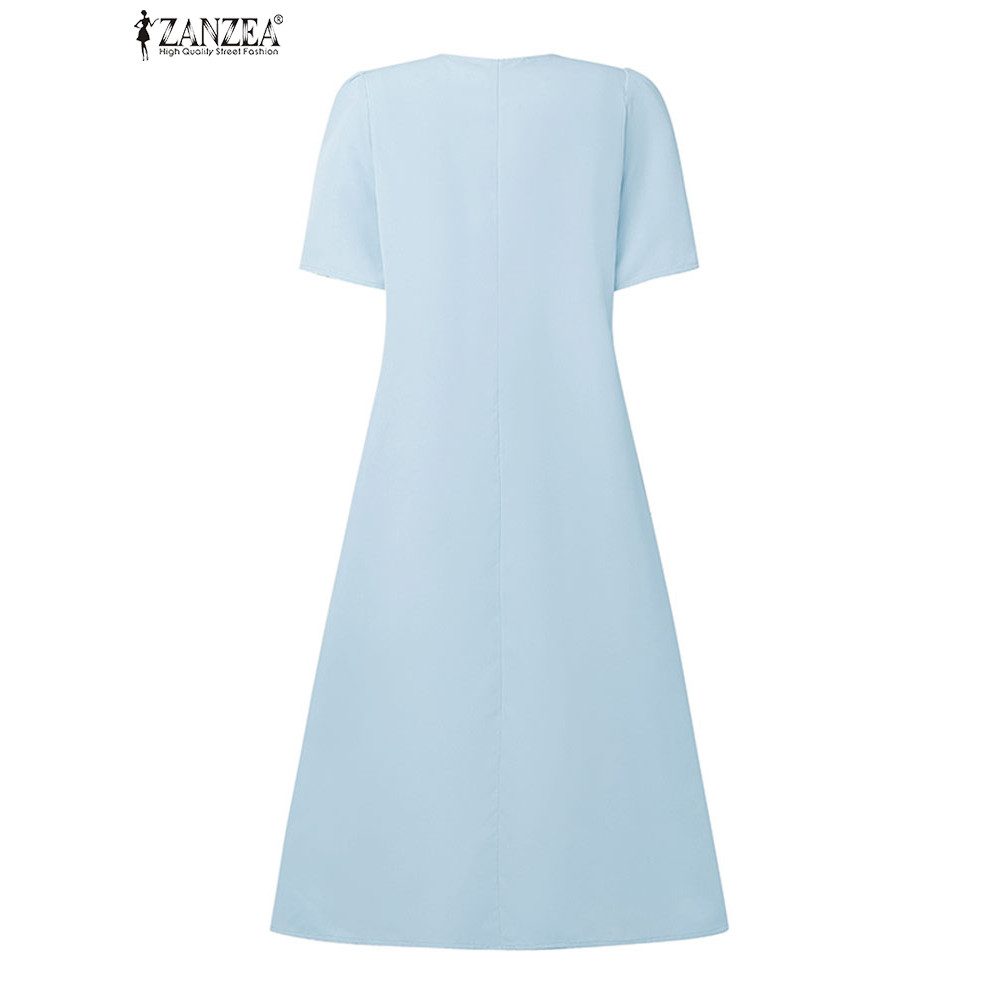 ZANZEA Womens Summer Dress 2025, Short Puff Sleeve Lace Patchwork Midi Sundress with Bandage, Pleated Detail