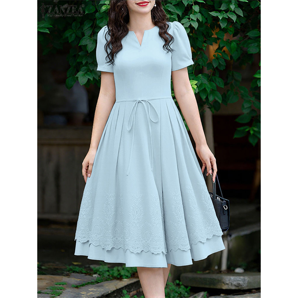 ZANZEA Womens Summer Dress 2025, Short Puff Sleeve Lace Patchwork Midi Sundress with Bandage, Pleated Detail