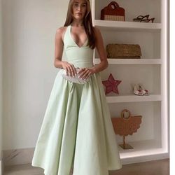 yenkye womens sexy backless green halter dress, elegant low waist a-line midi evening party dress in cotton